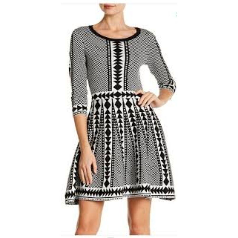 Nina Leonard XS Print Soft knit dress Geometric fit flare
